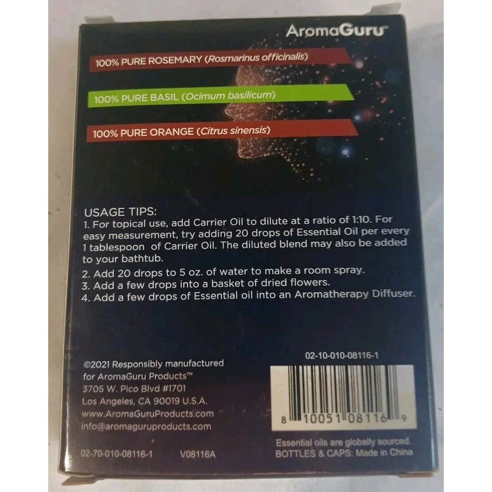 Aroma Guru Focus Blend Essential Oils Rosemary Basil Orange Pure Natural‎ READ
